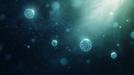 Poster - Microscopic view of floating cellular structures in a dark, illuminated environment.