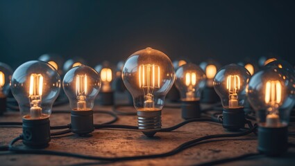 Leinwandbilder - A single illuminated light bulb among several others, symbolizing inspiration.