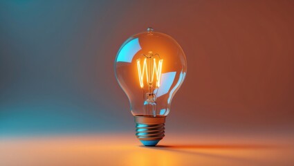 Poster - Illuminated light bulb set against an orange backdrop. Horizontal layout featuring space for text. Concept of creativity and innovation ideas.