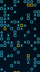 Poster - Blue and yellow glowing shapes matrix on a grid. Texture animation, vertical composition. Technology motion graphic.