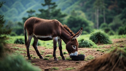 Wall Mural - donkey feeding in a pine forest in siguatepeque, comayagua