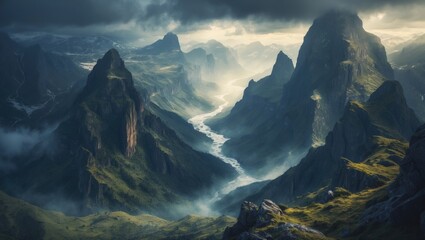 Poster - Breathtaking landscape. Digital artwork. Imaginary abstract world. 2D image.