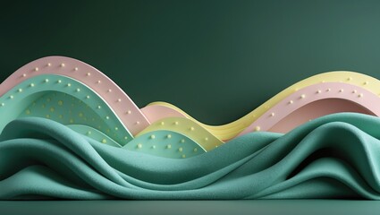 Poster - Stylized modern pastel waves embellished with dots on a deep green backdrop. Elegant design. Geometric contemporary digital wallpaper. Concept of carbon neutrality. Focus on environmental protectio...