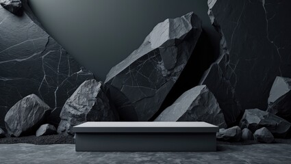 Poster - Dark Stone and Rock Formation Background, sleek mockup for podium presentation or display, visual rendering.