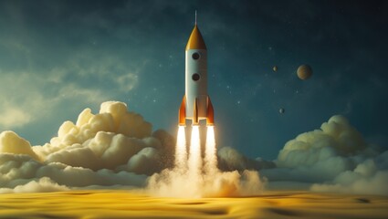 Poster - innovative concepts for creative thinking featuring a rocket launching against a yellow backdrop.