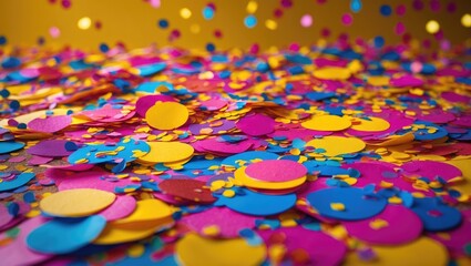 Poster - Close-up view of colorful confetti scattered on a yellow backdrop. Party and celebration theme. Horizontal image with empty space for text.