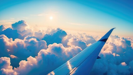 Wall Mural - Bright azure expanse adorned with fluffy cumulus clouds, aerial view featuring a close-up of an aircraft wing. Dreamy cloud landscape. Themes of adventure, travel, leisurely weekends, vacations, li...
