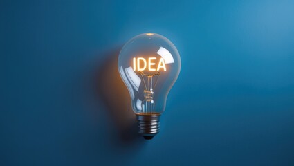 Poster - Innovative concept: Bright light bulb radiating an inspiring idea against a blue backdrop. Visual representation of creative thinking beyond conventional notions. Flat lay, minimalistic approach.