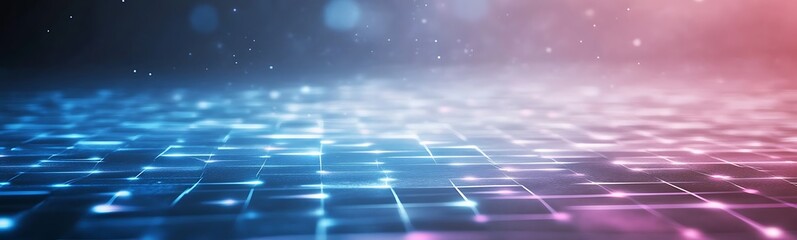 Aufkleber - Abstract digital landscape with glowing grid patterns in blue and pink hues.