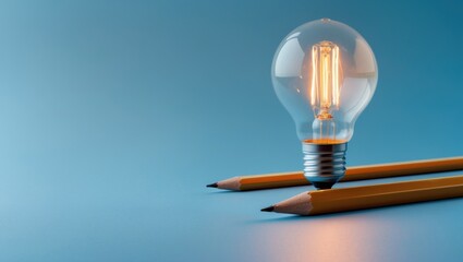 Poster - Simple light bulb and pencils on a soft blue backdrop. Concept of creativity and innovative ideas. Image.