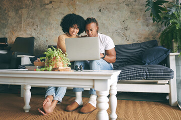 Poster - Laptop, relax and couple on sofa in home for reservation of romantic weekend trip with hotel checkin. Love, happy and African man and woman with computer for booking honeymoon vacation in house.