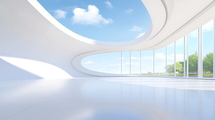 Poster - Spacious modern interior with large windows and minimalist design, showcasing bright blue skies.