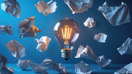 Poster - Illuminated light bulb suspended among crumpled paper on a blue backdrop, digital rendering.