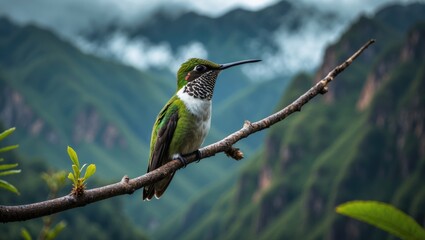 Poster - largest hummingbird in the world, patagona gigas, perched on a branch amid the mountainous landscape