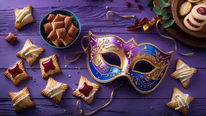 Poster - purim celebration theme featuring hamantaschen cookies and a carnival mask on a wooden surface again