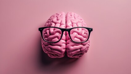 Poster - Quirky pink brain donned with glasses set against a soft pink backdrop. Conceptualizing creativity, minimal insights, brainstorming, intelligence, or innovative business ideas, with ample space for...
