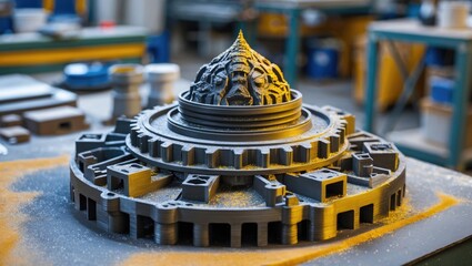 Intricate design created by powder printer in a workshop setting