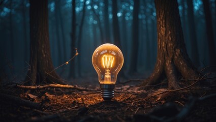 Leinwandbilder - A glowing light bulb situated in a forest setting