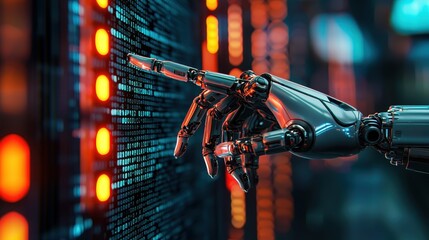 Poster - A robotic hand interacts with glowing data displays, symbolizing the fusion of technology and artificial intelligence in a futuristic setting.
