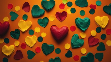 Poster - Colorful heart and circle confetti in red, yellow, and green against an orange backdrop.