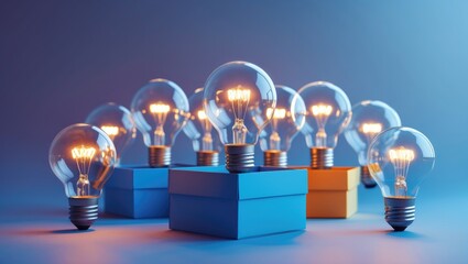 Leinwandbilder - Concepts of inspiration with a collection of lightbulbs in colorful boxes against a vibrant backdrop. Creativity in business. Motivation for achievement. Minimalistic design.