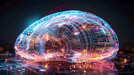 Aufkleber - Low-angle shot of glowing futuristic domes surrounded by dynamic holographic lights, cinematic sci-fi majesty