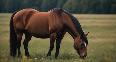 Wall Mural - brown horse grazing in the grassland