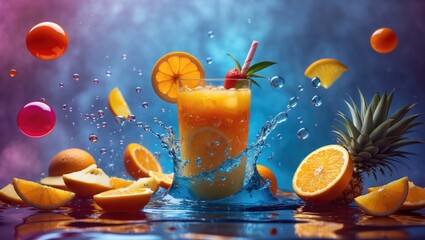 Wall Mural - Vibrant splash of fresh orange and pineapple juice in a glass, surrounded by colorful droplets and fresh fruits, suitable for a healthy beverage menu design.