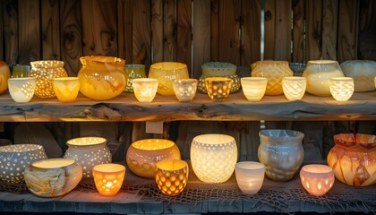 Poster - Close-up of glowing ceramic pots displayed on a rustic wooden table, illuminated by warm soft light, cinematic cultural charm