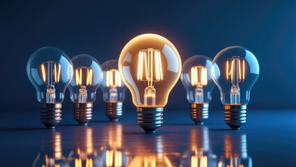 Poster - Energy-efficient light bulb, One illuminated compact fluorescent bulb contrasting with unlit incandescent bulbs on a blue backdrop, representing uniqueness and diversity. Rendering.