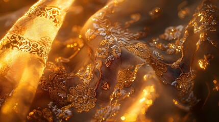 Wall Mural - Close-up of glowing delicate embroidery on a traditional scarf, illuminated by warm golden light, cinematic cultural artistry