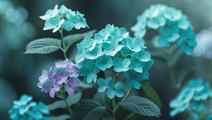 Poster - Tender floral backdrop in soft turquoise hues. Macro view of hydrangea blossoms in nature with a gentle blur.