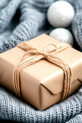Wall Mural - brown box with a white ribbon tied around it is sitting on a gray blanket. concept of warmth and coz