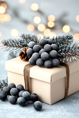 Wall Mural - white box with a brown ribbon and a bunch of berries on top of it. the berries are covered in snow, 