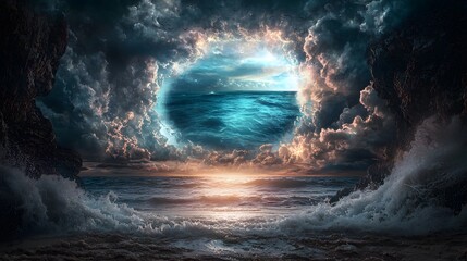 Poster - Wide-angle view of glowing cliffs overlooking turquoise ocean waves, cinematic dramatic natural beauty
