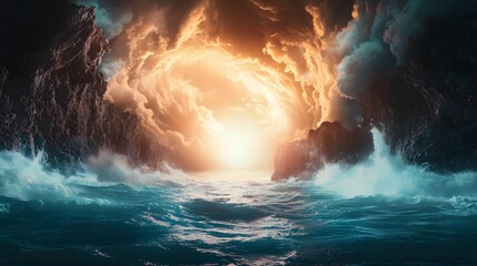 Poster - Wide-angle view of glowing cliffs overlooking turquoise ocean waves, cinematic dramatic natural beauty