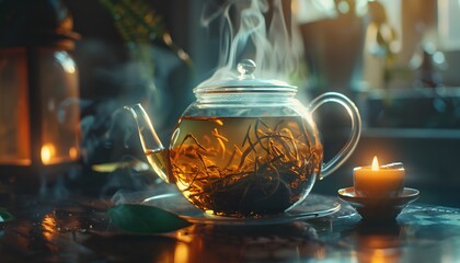 Poster - Close-up of glowing tea leaves steeping in a glass teapot, illuminated by soft morning light, cinematic cozy charm