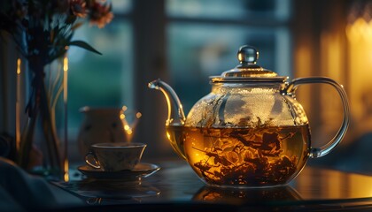 Poster - Close-up of glowing tea leaves steeping in a glass teapot, illuminated by soft morning light, cinematic cozy charm