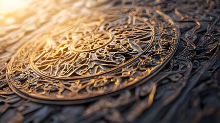 Poster - Macro shot of glowing intricate patterns carved into a traditional artifact, illuminated by warm ambient light, cinematic cultural artistry