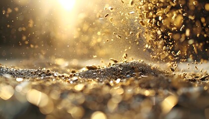 Poster - Close-up of glowing golden sand grains scattered across a serene beach, illuminated by soft sunset light, cinematic natural artistry