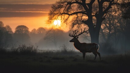 outline of a red deer stag during mating season at dawn, in the uk.