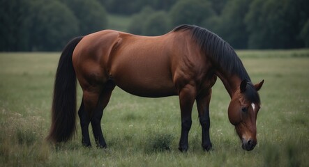 Wall Mural - image of a chestnut horse feeding in a field