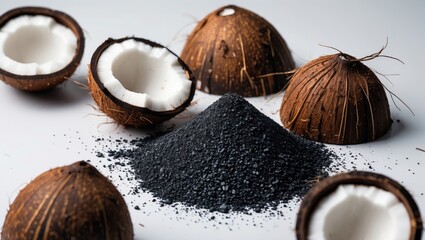 Poster - coconut husks paired with activated carbon on a light backdrop