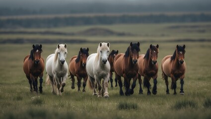 Wall Mural - Group of Icelandic horses galloping freely through the meadows during winter.