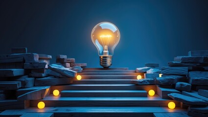Poster - Innovative thinking concept featuring a glowing lightbulb ascending wooden stairs towards a success destination on a minimalistic blue background.