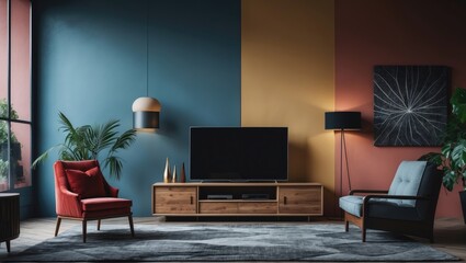 Poster - Contemporary living room decor featuring a television unit against two-toned wall colors.