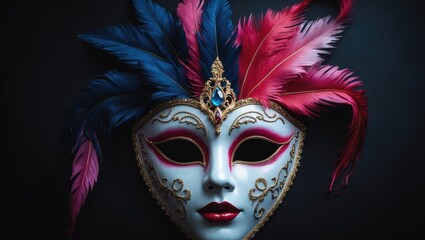 Poster - masquerade mask featuring vibrant feathers against a dark backdrop