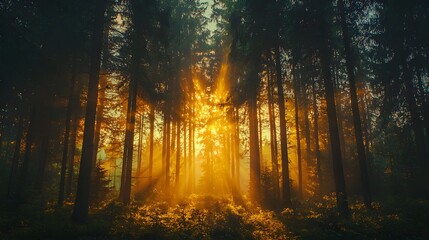 Aufkleber - Wide-angle view of glowing forest trees illuminated by shafts of golden light, cinematic tranquil elegance