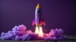© TheWaterMeloonProjec - Vibrant purple spacecraft launch idea for a new venture. Business-related space illustration featuring a cartoon-style rocket lifting off against a lavender backdrop. SEO techniques and optimizatio...