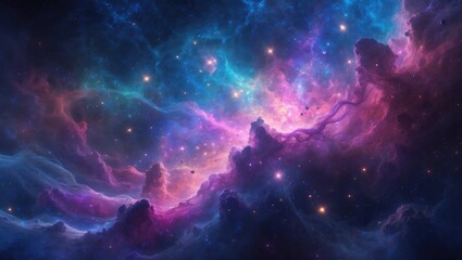Poster - Colorful Cosmic Nebula, 4k vibrant abstract backdrop Photo, celestial, dreamlike eruption, radiant stars, and space debris